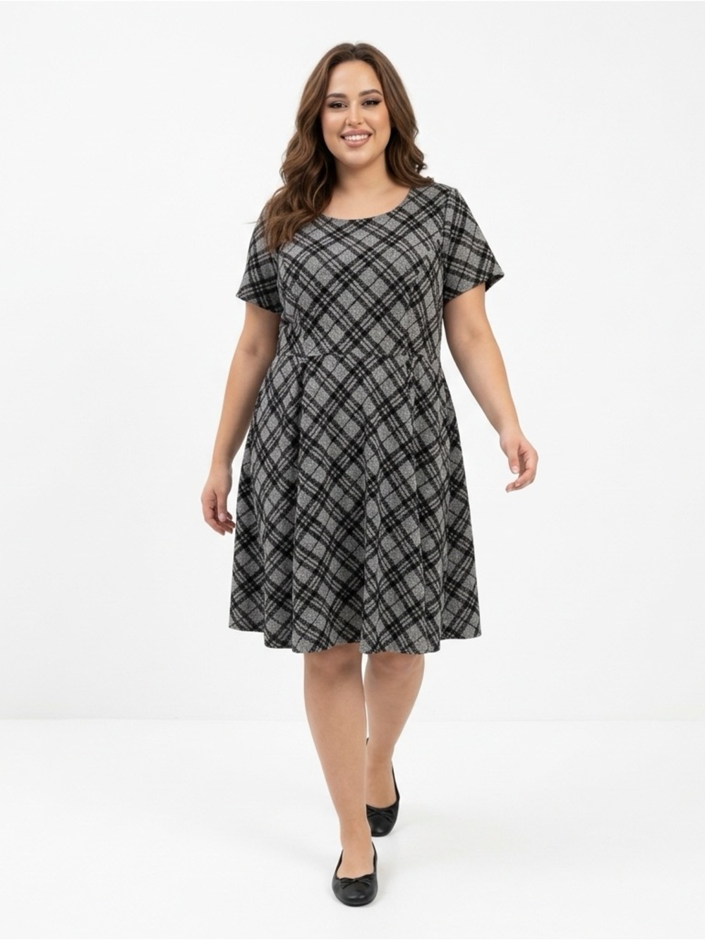 Torrid Midi Dress Size 2 Black Gray White Plaid Short Sleeve 2 Pockets